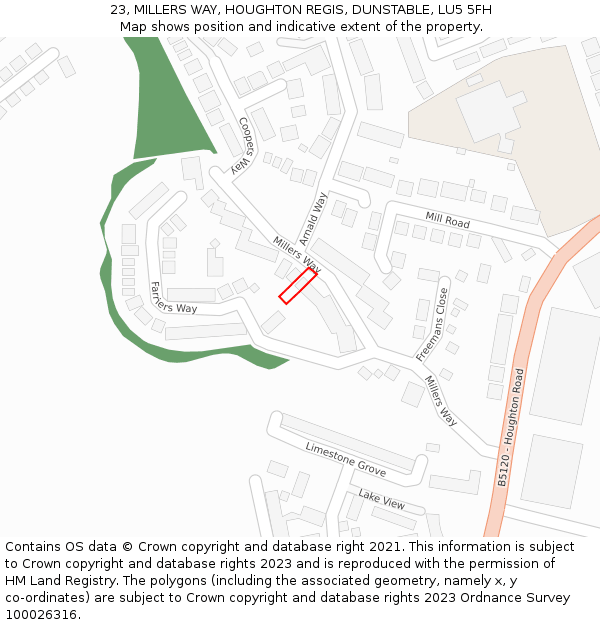 23, MILLERS WAY, HOUGHTON REGIS, DUNSTABLE, LU5 5FH: Location map and indicative extent of plot