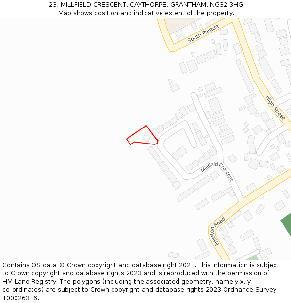 23, MILLFIELD CRESCENT, CAYTHORPE, GRANTHAM, NG32 3HG: Location map and indicative extent of plot