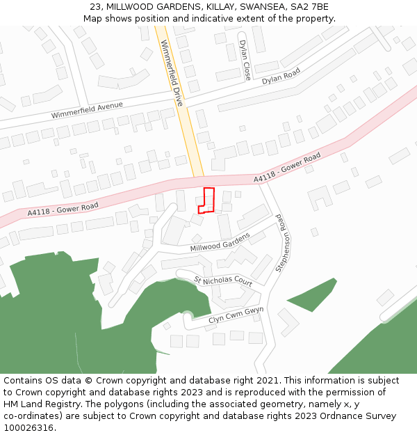 23, MILLWOOD GARDENS, KILLAY, SWANSEA, SA2 7BE: Location map and indicative extent of plot