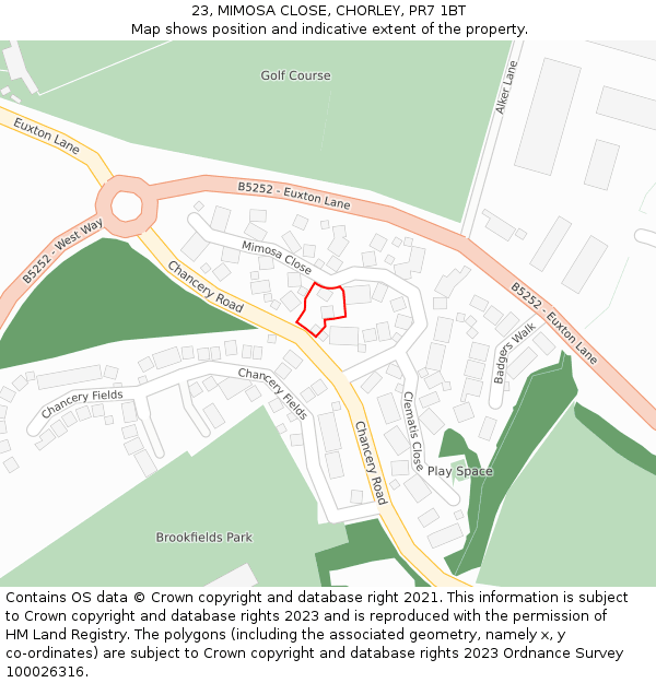 23, MIMOSA CLOSE, CHORLEY, PR7 1BT: Location map and indicative extent of plot