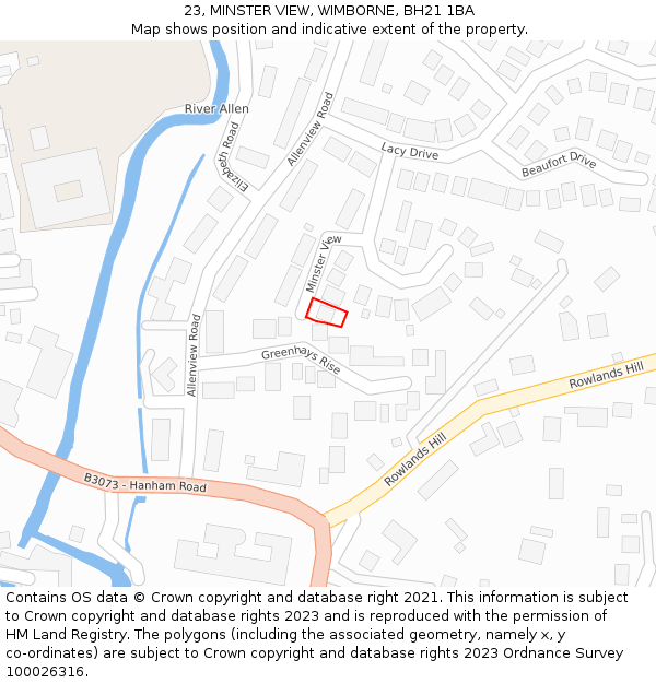 23, MINSTER VIEW, WIMBORNE, BH21 1BA: Location map and indicative extent of plot