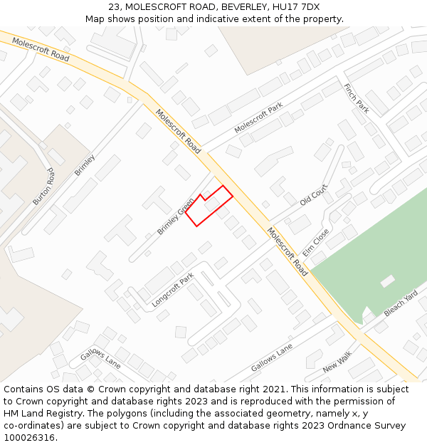 23, MOLESCROFT ROAD, BEVERLEY, HU17 7DX: Location map and indicative extent of plot