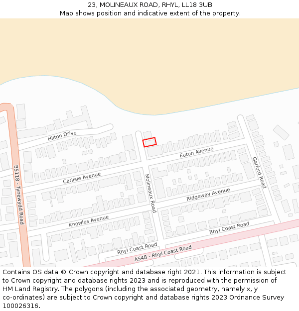 23, MOLINEAUX ROAD, RHYL, LL18 3UB: Location map and indicative extent of plot