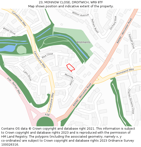 23, MONNOW CLOSE, DROITWICH, WR9 8TF: Location map and indicative extent of plot