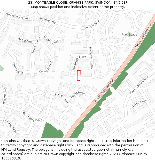 23, MONTEAGLE CLOSE, GRANGE PARK, SWINDON, SN5 6EF: Location map and indicative extent of plot