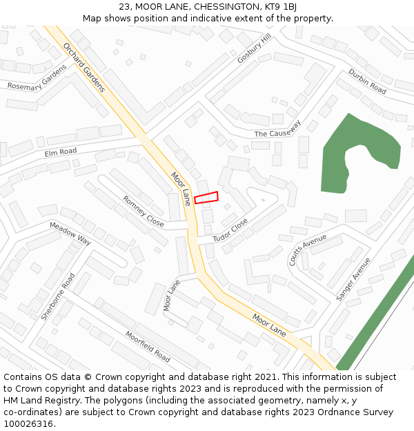 23, MOOR LANE, CHESSINGTON, KT9 1BJ: Location map and indicative extent of plot