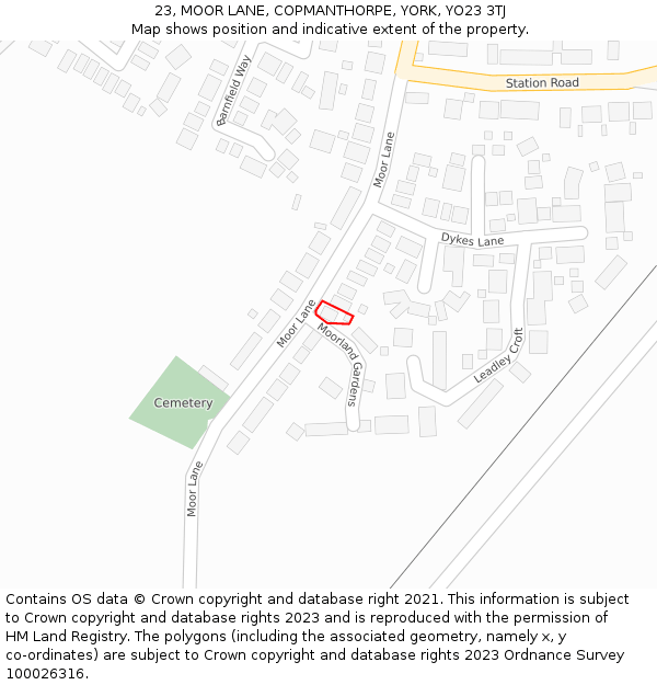 23, MOOR LANE, COPMANTHORPE, YORK, YO23 3TJ: Location map and indicative extent of plot