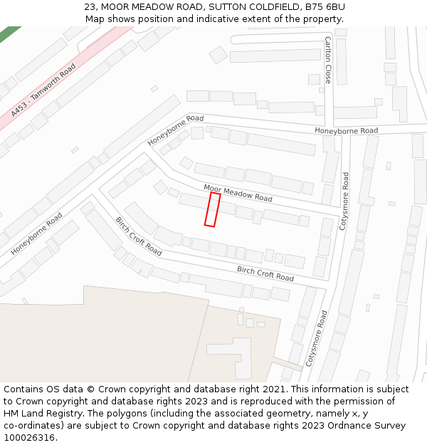 23, MOOR MEADOW ROAD, SUTTON COLDFIELD, B75 6BU: Location map and indicative extent of plot