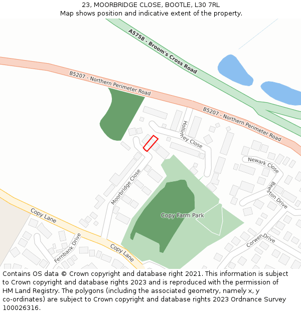 23, MOORBRIDGE CLOSE, BOOTLE, L30 7RL: Location map and indicative extent of plot