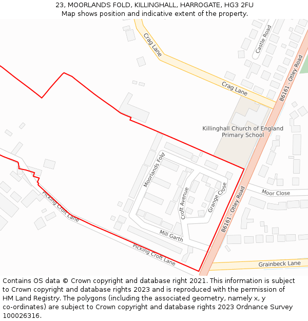 23, MOORLANDS FOLD, KILLINGHALL, HARROGATE, HG3 2FU: Location map and indicative extent of plot