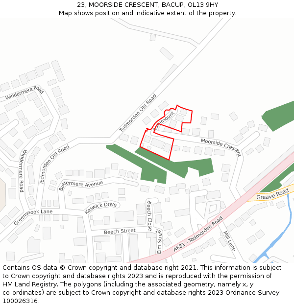 23, MOORSIDE CRESCENT, BACUP, OL13 9HY: Location map and indicative extent of plot