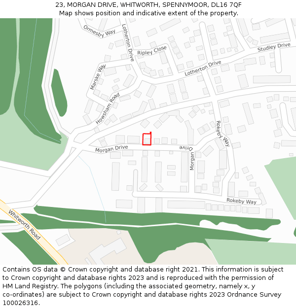 23, MORGAN DRIVE, WHITWORTH, SPENNYMOOR, DL16 7QF: Location map and indicative extent of plot