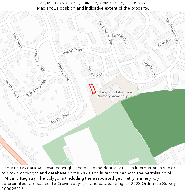 23, MORTON CLOSE, FRIMLEY, CAMBERLEY, GU16 9UY: Location map and indicative extent of plot