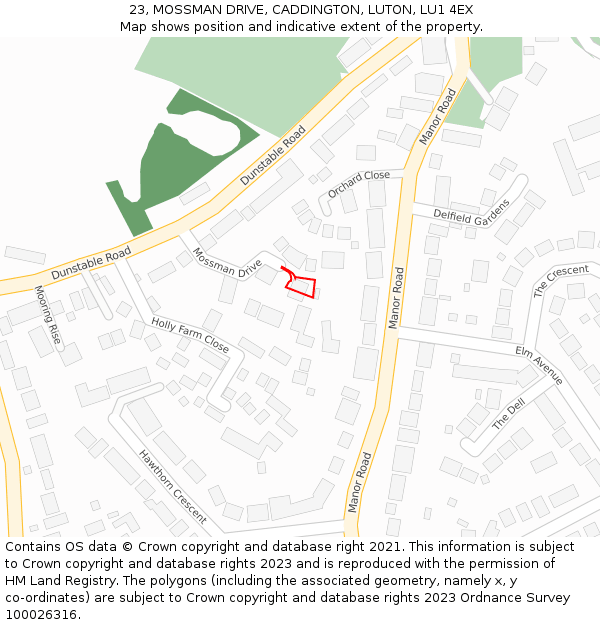 23, MOSSMAN DRIVE, CADDINGTON, LUTON, LU1 4EX: Location map and indicative extent of plot