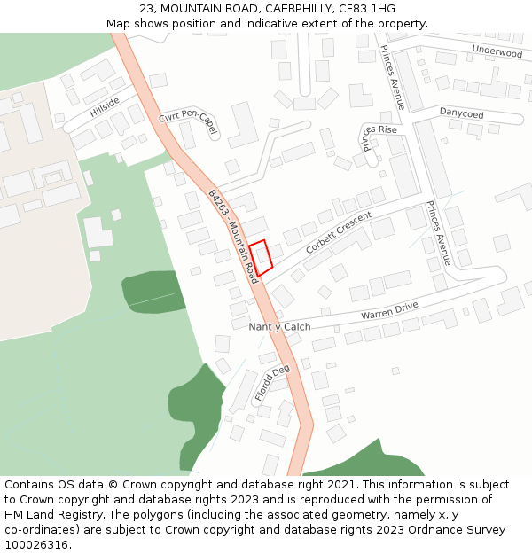 23, MOUNTAIN ROAD, CAERPHILLY, CF83 1HG: Location map and indicative extent of plot