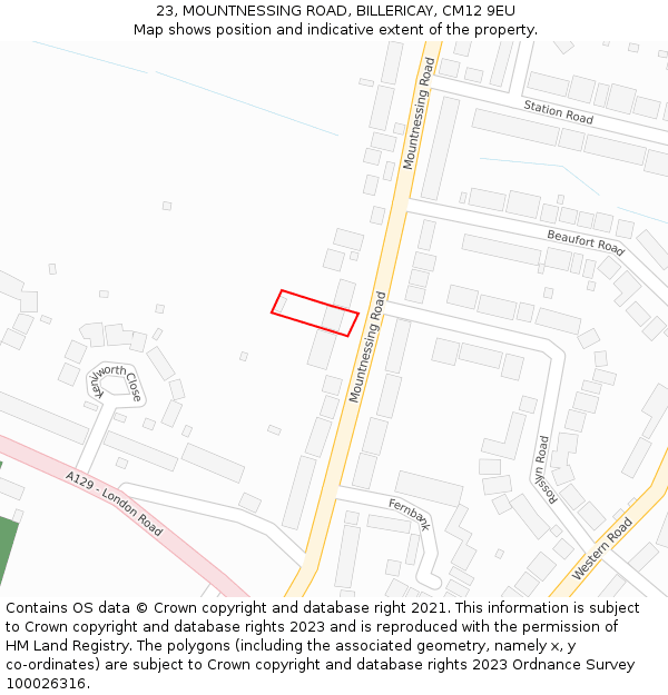 23, MOUNTNESSING ROAD, BILLERICAY, CM12 9EU: Location map and indicative extent of plot