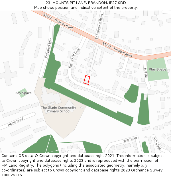 23, MOUNTS PIT LANE, BRANDON, IP27 0DD: Location map and indicative extent of plot