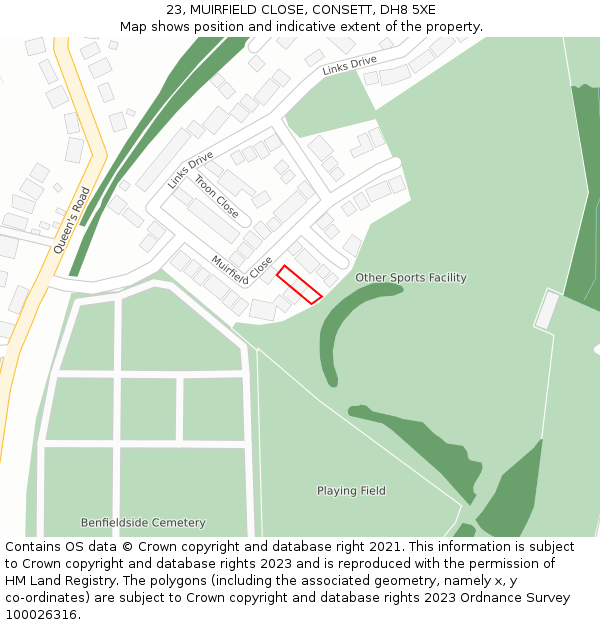 23, MUIRFIELD CLOSE, CONSETT, DH8 5XE: Location map and indicative extent of plot