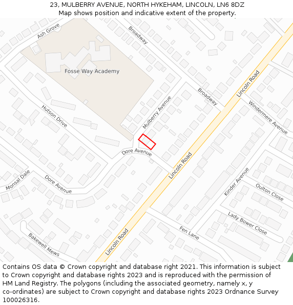 23, MULBERRY AVENUE, NORTH HYKEHAM, LINCOLN, LN6 8DZ: Location map and indicative extent of plot