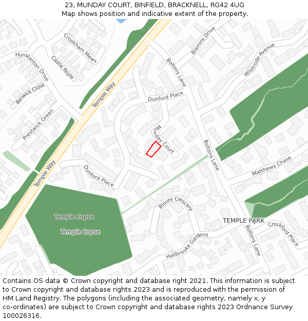 23, MUNDAY COURT, BINFIELD, BRACKNELL, RG42 4UG: Location map and indicative extent of plot