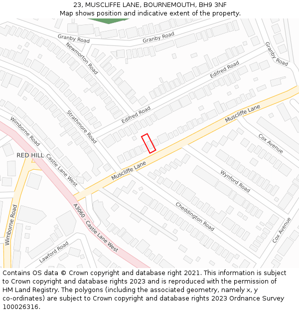 23, MUSCLIFFE LANE, BOURNEMOUTH, BH9 3NF: Location map and indicative extent of plot