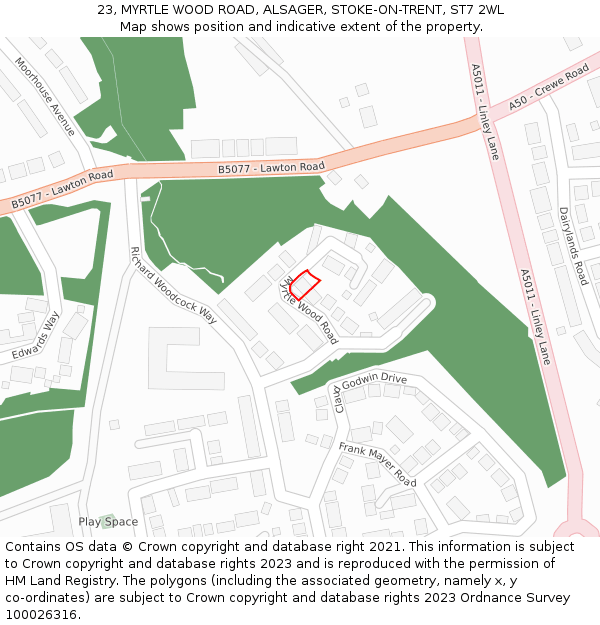 23, MYRTLE WOOD ROAD, ALSAGER, STOKE-ON-TRENT, ST7 2WL: Location map and indicative extent of plot