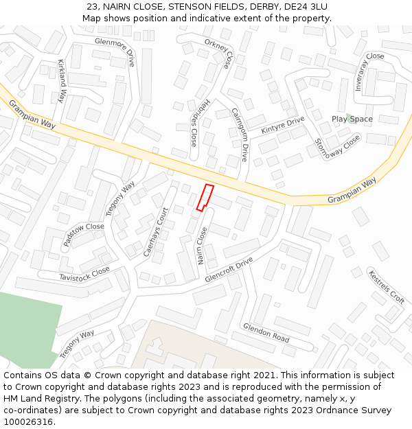 23, NAIRN CLOSE, STENSON FIELDS, DERBY, DE24 3LU: Location map and indicative extent of plot