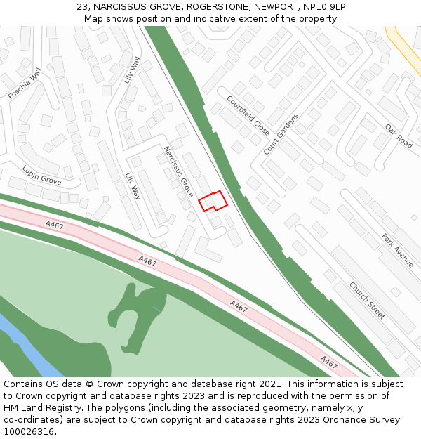 23, NARCISSUS GROVE, ROGERSTONE, NEWPORT, NP10 9LP: Location map and indicative extent of plot