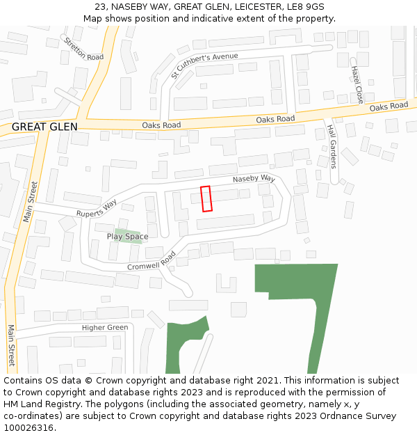 23, NASEBY WAY, GREAT GLEN, LEICESTER, LE8 9GS: Location map and indicative extent of plot