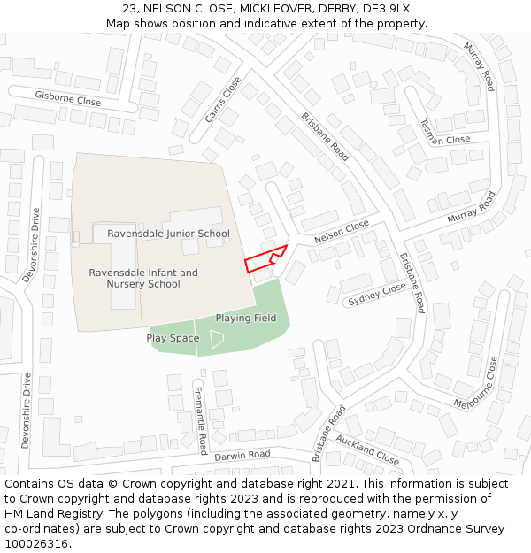23, NELSON CLOSE, MICKLEOVER, DERBY, DE3 9LX: Location map and indicative extent of plot
