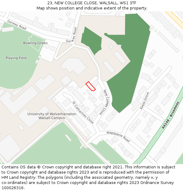 23, NEW COLLEGE CLOSE, WALSALL, WS1 3TF: Location map and indicative extent of plot