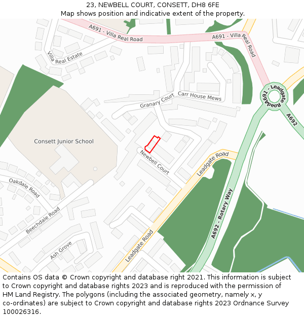 23, NEWBELL COURT, CONSETT, DH8 6FE: Location map and indicative extent of plot