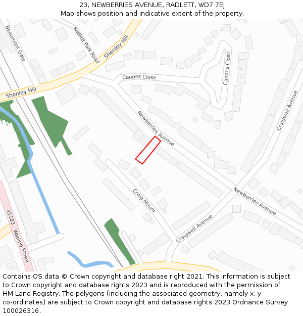 23, NEWBERRIES AVENUE, RADLETT, WD7 7EJ: Location map and indicative extent of plot