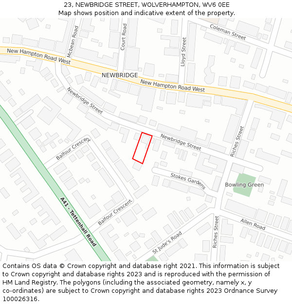 23, NEWBRIDGE STREET, WOLVERHAMPTON, WV6 0EE: Location map and indicative extent of plot