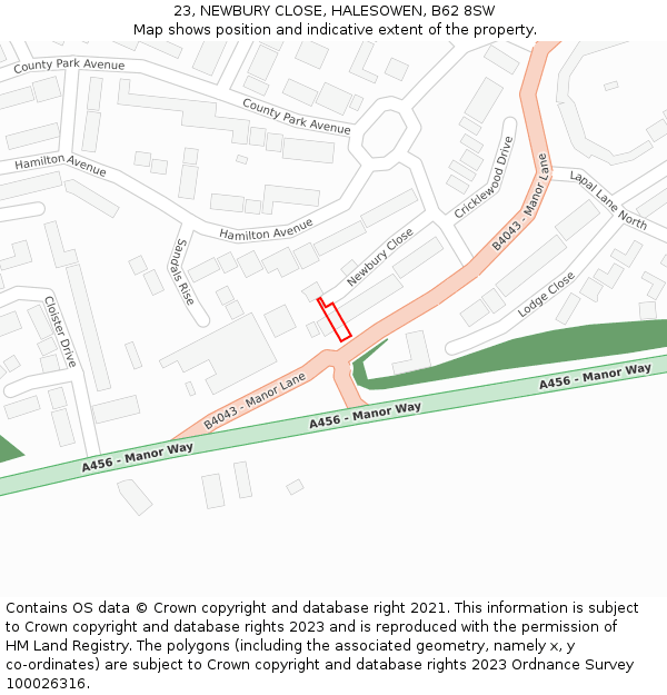 23, NEWBURY CLOSE, HALESOWEN, B62 8SW: Location map and indicative extent of plot