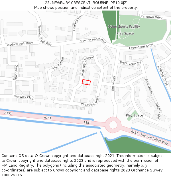 23, NEWBURY CRESCENT, BOURNE, PE10 0JZ: Location map and indicative extent of plot