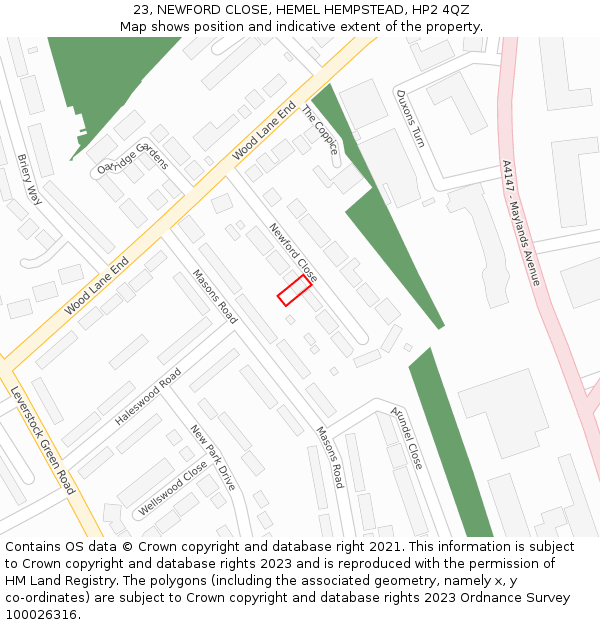 23, NEWFORD CLOSE, HEMEL HEMPSTEAD, HP2 4QZ: Location map and indicative extent of plot