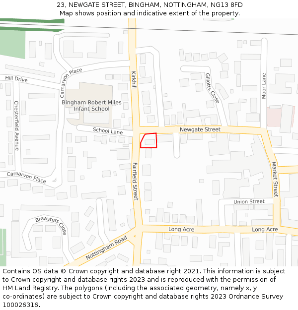 23, NEWGATE STREET, BINGHAM, NOTTINGHAM, NG13 8FD: Location map and indicative extent of plot