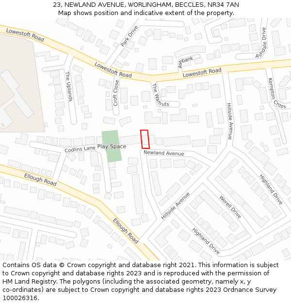 23, NEWLAND AVENUE, WORLINGHAM, BECCLES, NR34 7AN: Location map and indicative extent of plot