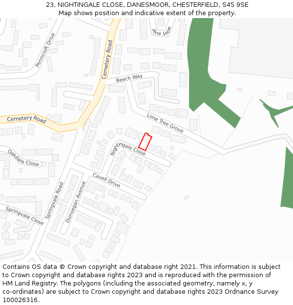 23, NIGHTINGALE CLOSE, DANESMOOR, CHESTERFIELD, S45 9SE: Location map and indicative extent of plot