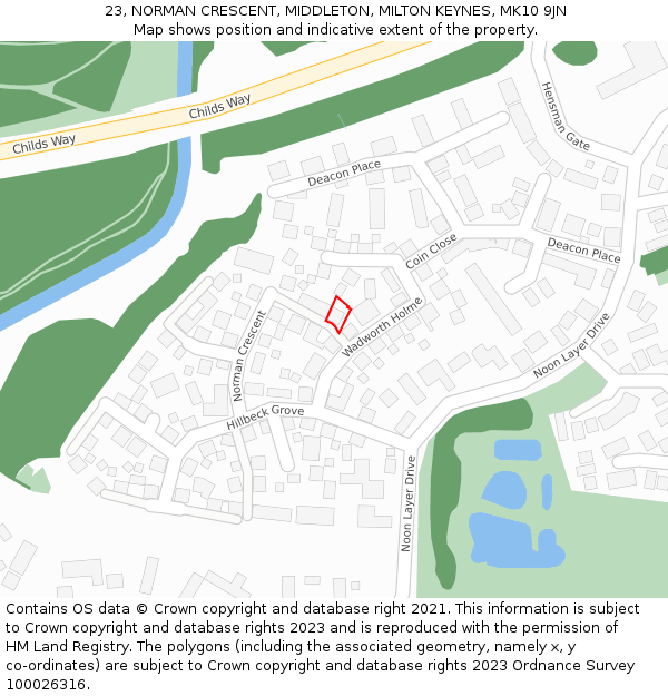 23, NORMAN CRESCENT, MIDDLETON, MILTON KEYNES, MK10 9JN: Location map and indicative extent of plot