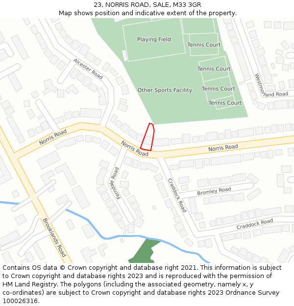 23, NORRIS ROAD, SALE, M33 3GR: Location map and indicative extent of plot