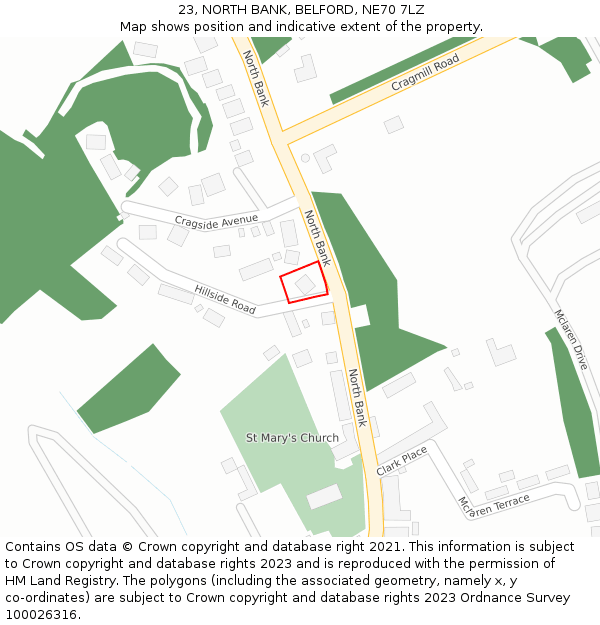 23, NORTH BANK, BELFORD, NE70 7LZ: Location map and indicative extent of plot