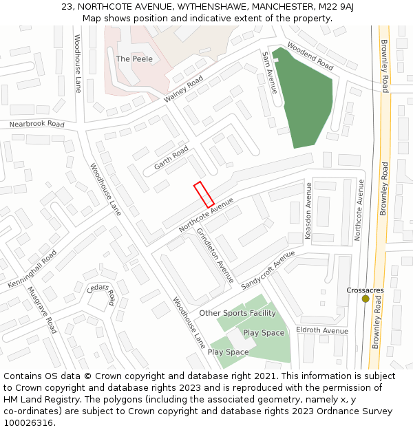 23, NORTHCOTE AVENUE, WYTHENSHAWE, MANCHESTER, M22 9AJ: Location map and indicative extent of plot