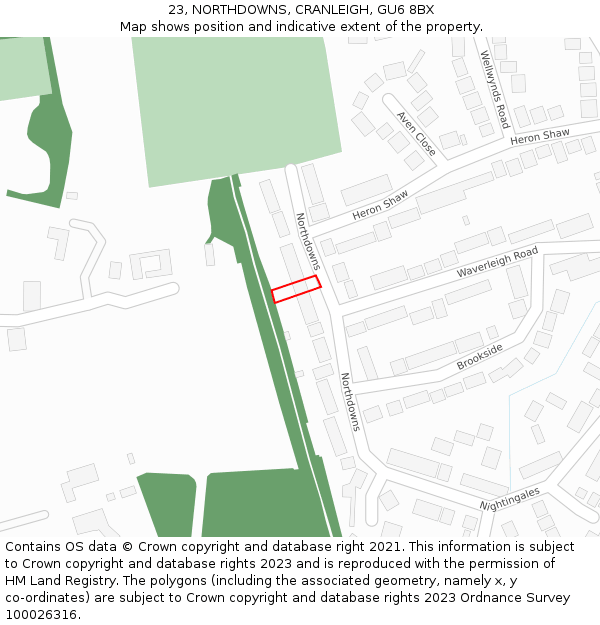 23, NORTHDOWNS, CRANLEIGH, GU6 8BX: Location map and indicative extent of plot