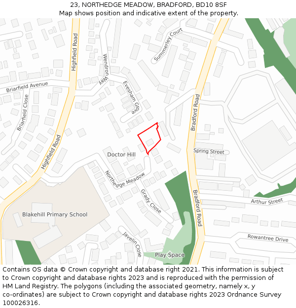 23, NORTHEDGE MEADOW, BRADFORD, BD10 8SF: Location map and indicative extent of plot