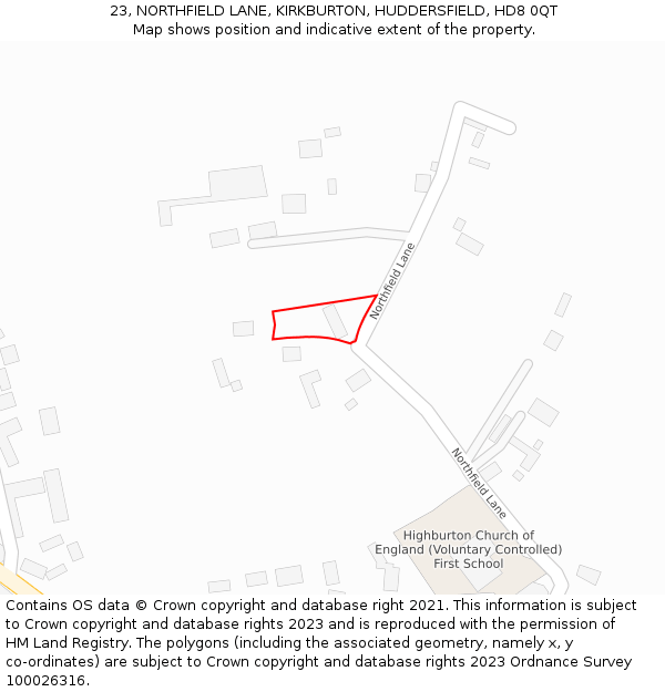 23, NORTHFIELD LANE, KIRKBURTON, HUDDERSFIELD, HD8 0QT: Location map and indicative extent of plot
