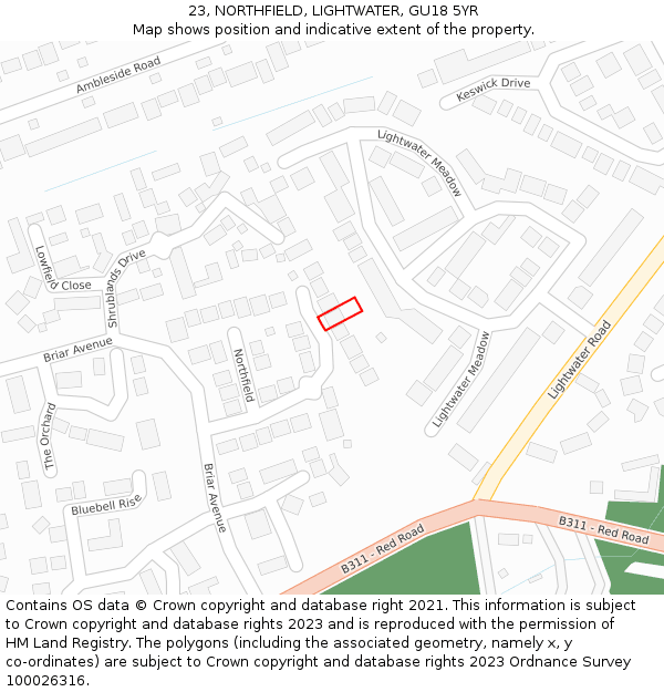 23, NORTHFIELD, LIGHTWATER, GU18 5YR: Location map and indicative extent of plot