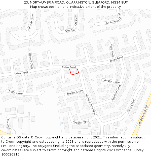 23, NORTHUMBRIA ROAD, QUARRINGTON, SLEAFORD, NG34 8UT: Location map and indicative extent of plot