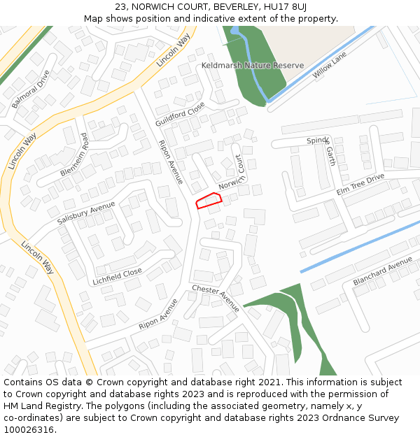 23, NORWICH COURT, BEVERLEY, HU17 8UJ: Location map and indicative extent of plot